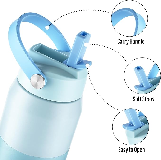 Oldley 24oz Insulated Water Bottle with Straw, Stainless Steel Water Bottle for Sports, Travel, School, BPA-Free Sports Bottles for Adult Kids, Leak-Proof, Light Blue Layered