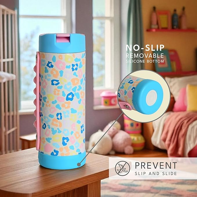 Elemental Iconic Kids Water Bottle for School - 100% Leak-Proof Insulated Water Bottles with Straw Lid & Pop-It Handle for Boys & Girls - Triple-Wall Insulated & BPA-Free, 14oz – Pastel Leopard