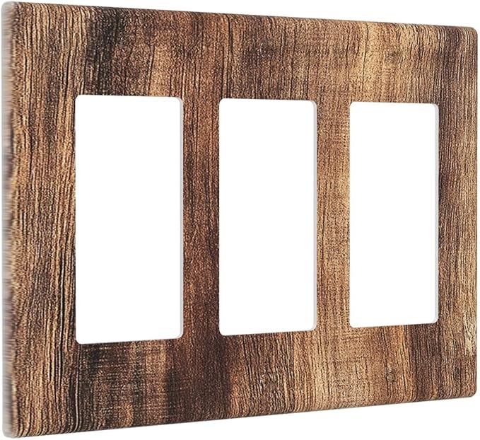 Light Switch Covers Vintage Rustic Brown Wood Grain 3 Gang Rocker Electrical GFCI Decorative Triple Outlet Wall Plate Cover Switchplate for Bedroom Farmhouse Decor