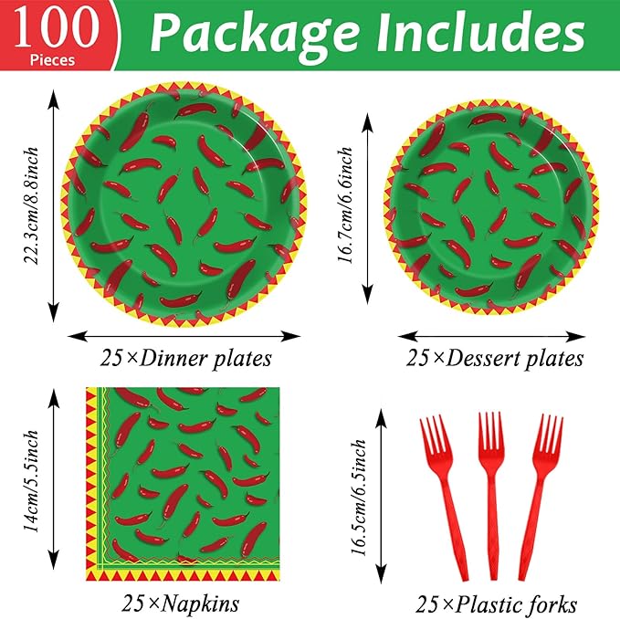 100 Pcs Chili Cook Off Party Plates and Napkins Set Pepper Birthday Decorations Mexican Party Supplies Mayo Tableware Fiesta Themed Party Favors for Red Chili Party Decorations Serves 25