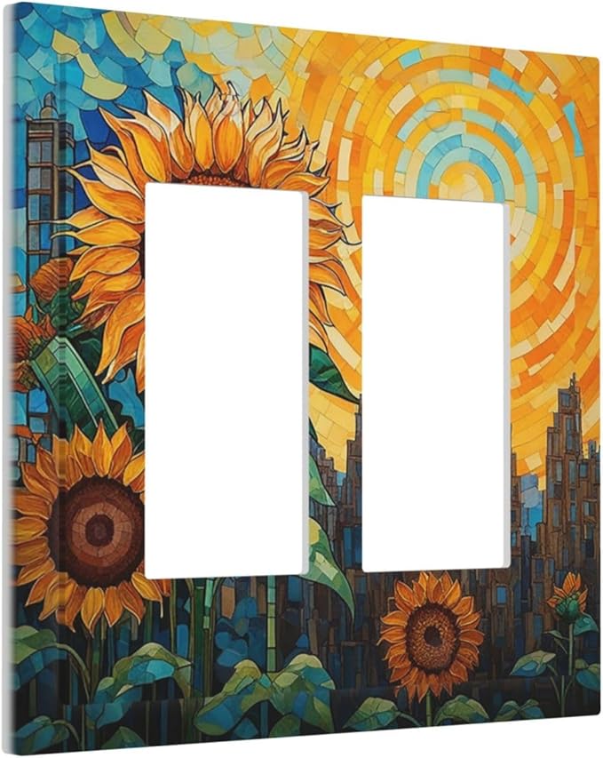 Abstract Sunflower Graffiti Floral Paint Art Flower Decorative Outlet Covers 2 Gang Double Gfci Rocker Electrical Wall Panels Light Switch Cover Plate for Bedroom Living Room Decor