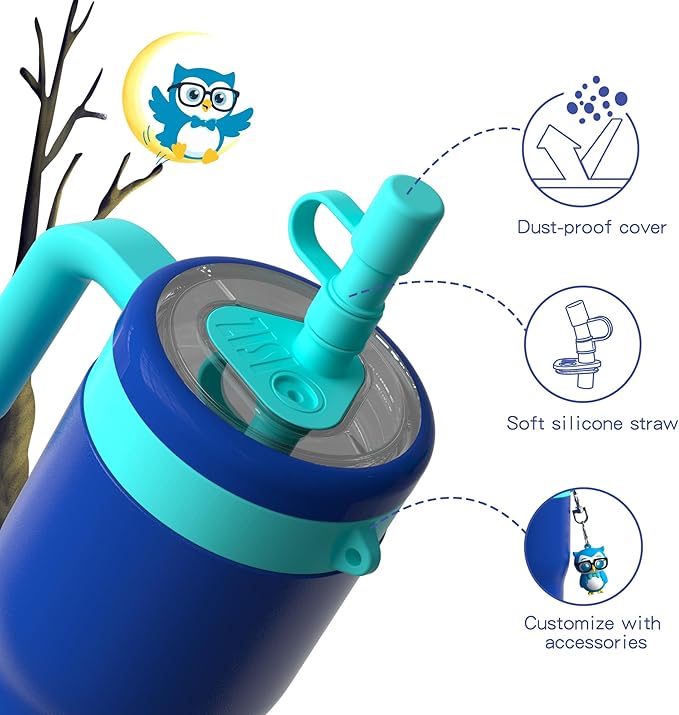 OISIZ 14oz Kids Tumbler with Straw Lid & Handle,Kids Cup with Animal Accessory for School,Kids Water Bottles with Dust-proof Cover,Leakproof Water Bottles,316 Stainless Steel,Keep Cold 24 Hours-blue