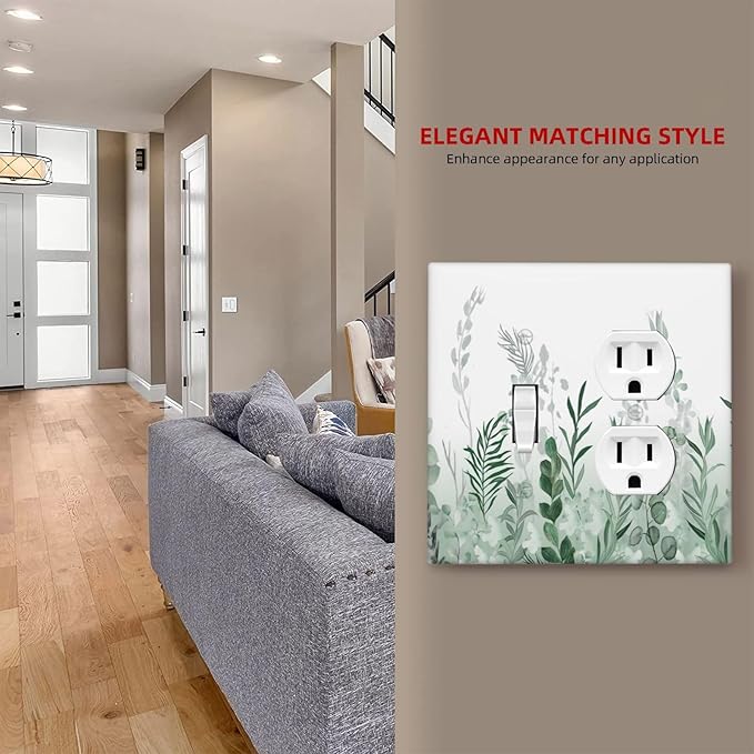 Watercolor Green Leaf Rustic Plant Eucalyptus Flowers Wallplates 1 Toggle 1 Duplex Switch Plate Electrical GFCI Faceplate Decorative Light Switch Covers for Bed Room Living Room Decor