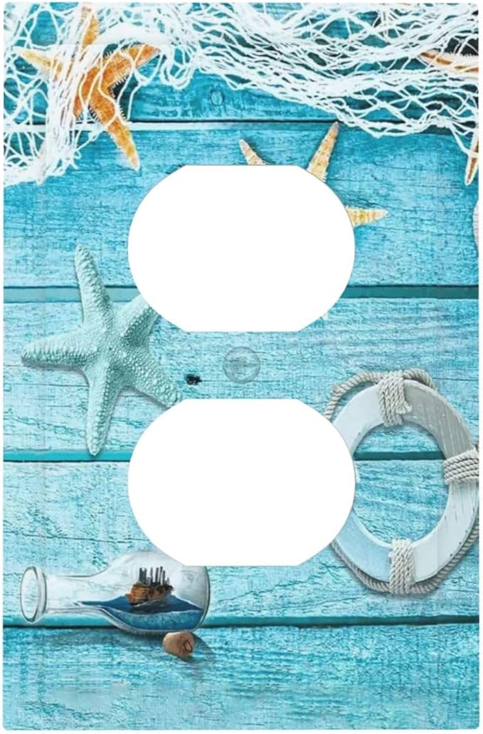 Turquoise Teal Fishing Net Wood Plank 1 Gang Outlet Plate Covers Decorative Single Duplex Wall Plate Electrical Receptacle Light Switch Cover Electric Switchplate Country Decor