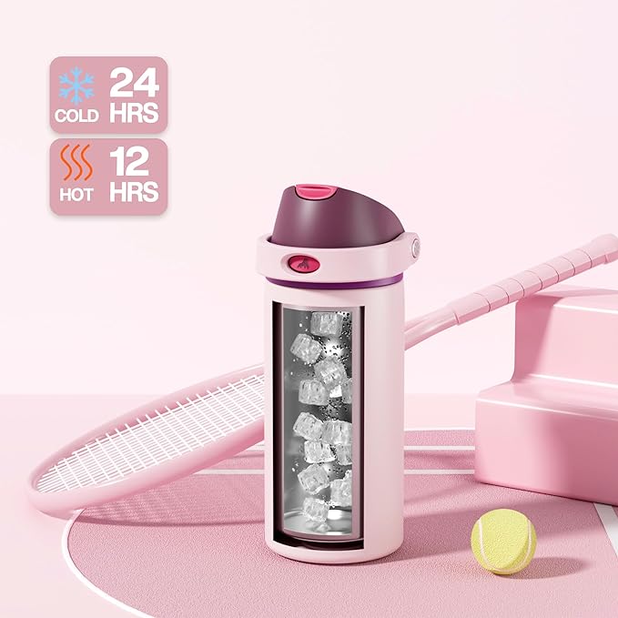POWCAN 18 oz Stainless Steel Water Bottle: 2-in-1 Push-Button Spout & Quick-Flip Straw, Leakproof, Cold 24 Hrs, Fits Car Cup Holder, Insulated Bottle for Gym, School, Travel, Outdoor Gift (Plum Field)