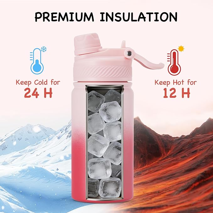 12 oz Kids Water Bottle, 2-in-1 Stainless Steel Vacuum Insulated Water Bottle for Toddler, Leak Proof Spout & Straw, Double Wall Thermal Flask for Boys&Girls, School, Outdoor, Travel (Gradient Red)