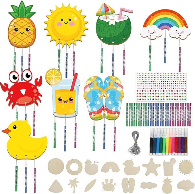gisgfim 16 Pack Beach Wind Chime Crafts Kits for Kids Make Your Own Luau Hawaii Beach Fruit Wind Chime Wooden DIY Arts and Crafts for Summer Party School Classroom Decoration Supplies Birthday Favors