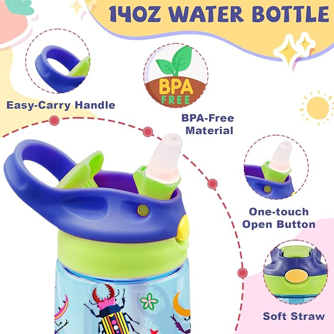14oz Kids Water Bottle with Straw - Ladybug Water Bottle For School Leakproof Lightweight Durable Plastic Bottles with Straw for Kids Travel, Gift Cup for Children, Pop-Up Spout Cover(Insect)