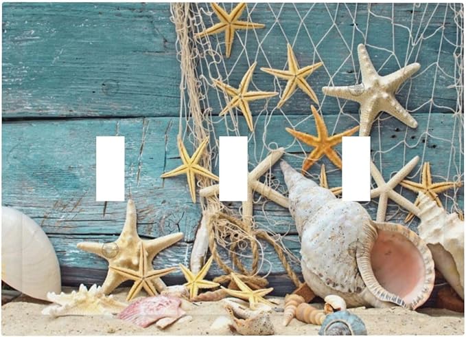 Nautical Beach Starfish Teal Wood 3 Gang Light Switch Plate Decorative Triple Toggle Wall Plate Cover Electrical Faceplate for Bathroom Home Living Room Decorate