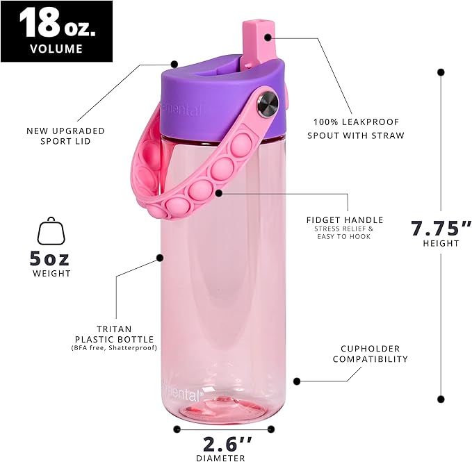 Elemental Leak Proof Water Bottles for Kids - Splash Kids Water Bottle for School with Pop-it Handle - Tritan Plastic Water Bottle with Straw - Mermaid & Rose - 18oz (2 Pack)