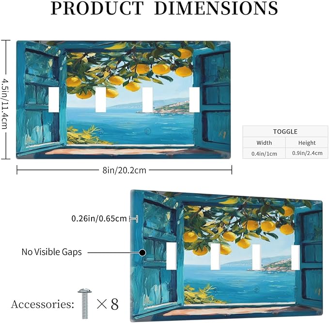 Window View Coastal Lemon Tree Mediterranean Landscape Light Switch Covers Quad Toggle Electrical Faceplate 4 Gang Wall Plate Decorative Switch Plates Cover for Bedroom Living Room Decor
