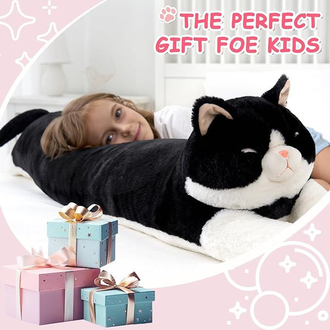 48inch Giant Cat Stuffed Animal Pillow, Cute Big Jumbo Black Cat Body Pillow Plush Toy, Large Cat Soft Fluffy Kitty Plushies Gift for Kids Boys Girls & Adult, Birthday