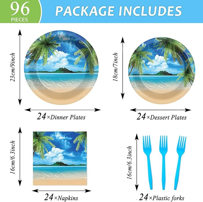 96Pcs Beach Party Plates and Napkins for Summer Tropical Birthday Party Supplies Hawaiian Beach Ocean Paper Dessert Plates Hawaiian Tropical Tableware Set for Kids 24 Guests Birthday Decorations
