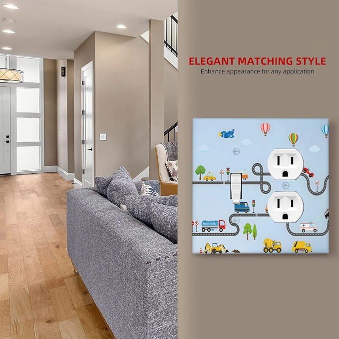 Road Construction Car Truck Hot Air Balloon Wallplates 1 Toggle 1 Duplex Switch Plate Electrical GFCI Faceplate Decorative Light Switch Covers for Nursery Kids Room Decor