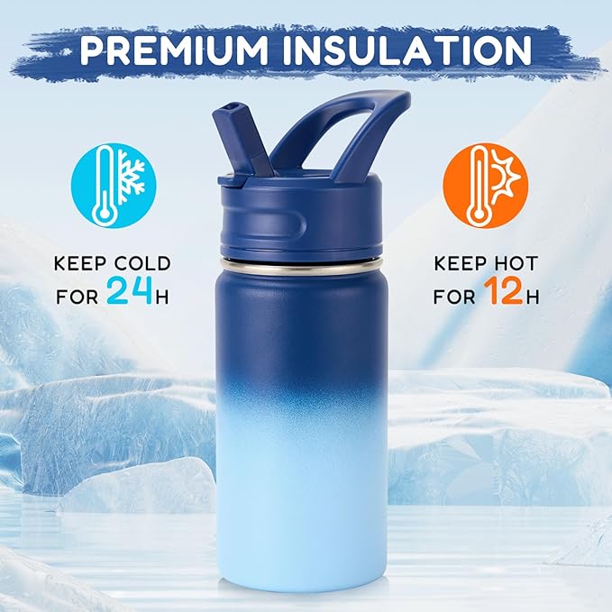 Fijinhom 12oz Water Bottle for School, Water Bottles with Straws, Insulated Water Bottles, Stainless Steel Vacuum Insulated Bottle, Leak-Proof, BPA-Free, Ocean
