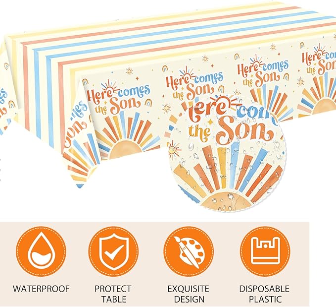 Here Comes The Son Baby Shower Decorations,Boho First Trip Around The Sun Party Supplies,Disposable Dessert Plate,Napkin,Tablecloth for It's A Boy Gender Reveal,Sun You Are My Sunshine Baby Shower
