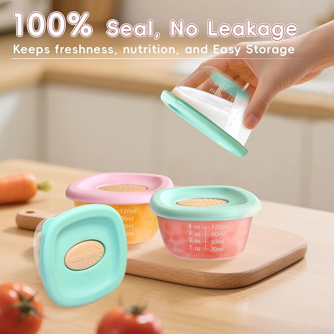 12 Pack Baby Food Storage Containers 4 oz, Baby Silicone Food Jars with Ventilation Valve, Snack Containers with Leak Proof Sealing Lid Microwave Safe, Suitablefor Nurseries, Schools and Travel