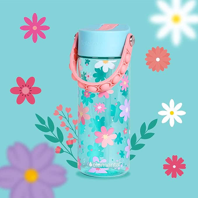 Elemental Water Bottles for Kids - Splash Kids Water Bottle for School with Pop-it Handle - BPA Free Tritan Plastic Water Bottle with Straw Leak Proof when Spout is Closed Spring Blossom Green-18oz