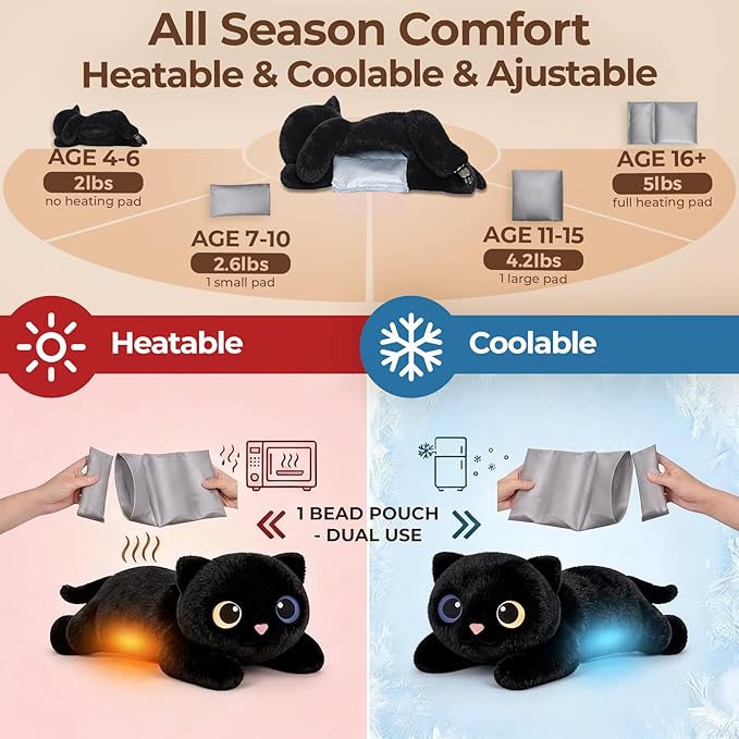 Mewaii Weighted Stuffed Animals 5 lbs Adjustable, Heated & Coolable 23 Inch Plush for Realistic Hug, Microwavable Removable Inner Pad, Cat Gifts for Adults & Kids (Black)
