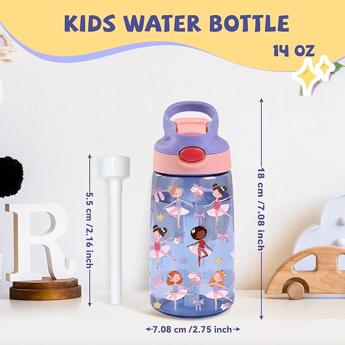 14oz Ballet Kids Water Bottle with Straw Lid - Ballerina Water Bottles for Kids, Leakproof, Lightweight, Durable Plastic Bottles for School, Pink Ballet Gift Cup for Girls Birthday Gifts