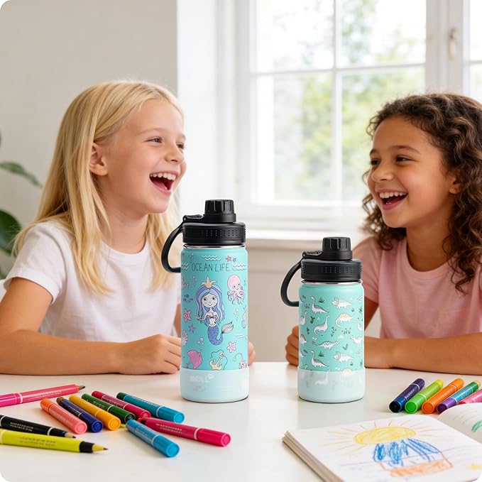 16 oz Water Bottle for Kids -Stainless Steel Double Wall Vacuum Insulated Water Bottle for Girls-Leak Proof, BPA Free-Mermaid