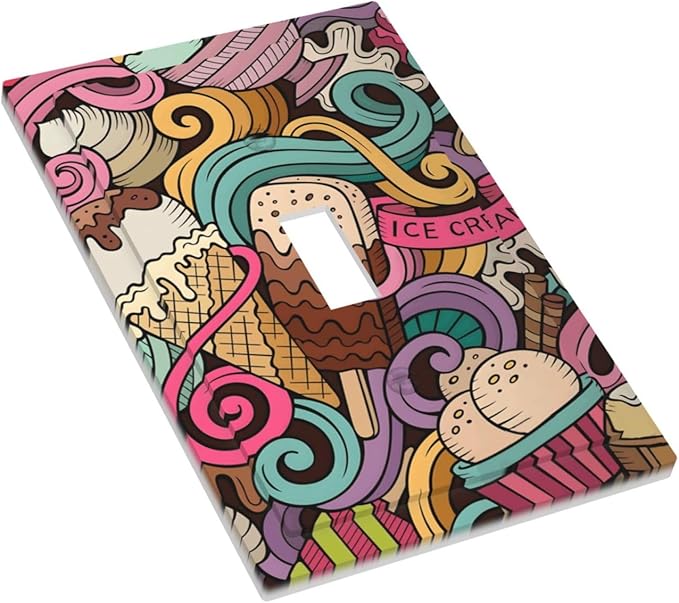 Cartoon Hand Drawn Ice Cream Doodles Colorful Print Decorative Light Switch Cover 1 Gang Single Toggle Device Electrical Faceplate Switchplates Decorator Outlet Wall Plate for Kids Room Nursery Decor