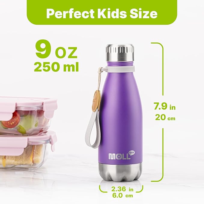 9 oz Water Bottle Stainless Steel Double Wall Vacuum Insulated Sports Water Bottle for Kids, Small Mini Cola Shape Water Bottle Leak Proof (Purple-Royal Blue)
