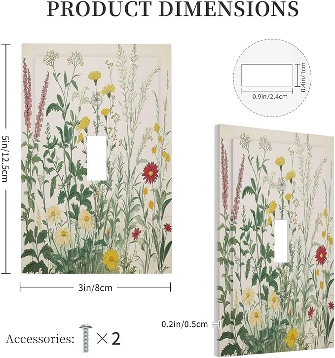 Rustic Wildflower Green Plants Daisy Floral Decorative Light Switch Cover 1 Gang Single Toggle Device Electrical Faceplate Switchplates Decorator Outlet Wall Plate For Farmhouse Bed Room Decor