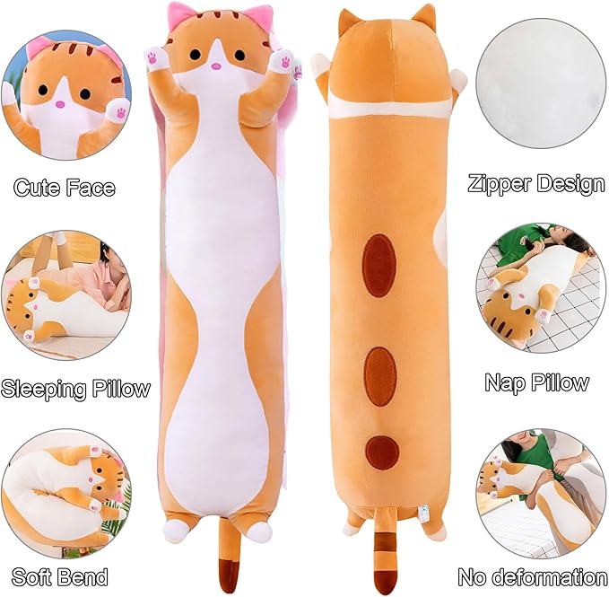 Giant Cat Pillow Plush Cartoon Kitty Sleeping Hugging Pillow, Cuddly Soft Long Kitten Body Pillow Doll Cat Cushion Toy for Kids Girlfriend (Yellow, 150cm/59inch)