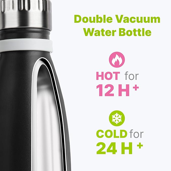 Kids Water Bottle for School-12 oz Stainless Steel Double Wall Vacuum Insulated Sports Water Bottle for Boys-Reusable Metal Travel Leak Proof Flask BPA Free(Black)