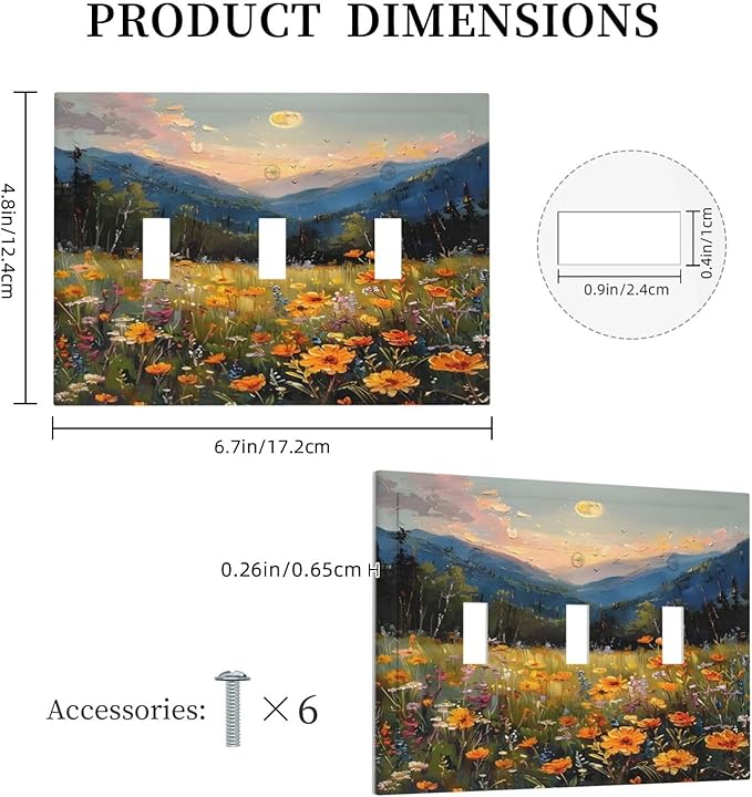 Sunset Wild Flower Field Floral Nature Landscape Decorative Switch Plates 3 Gang Wall Plate Triple Toggle Light Switch Cover Faceplate Electrical Wall Panels for Farmhouse Bedroom Decor
