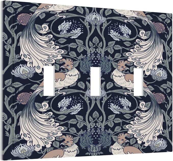 William Morris Vintage Floral Birds Peacocks 3 Gang Light Switch Covers Triple Toggle Wall Plate Decorative Switchplate Electrical Faceplate for Country Bathroom Bedroom Decor