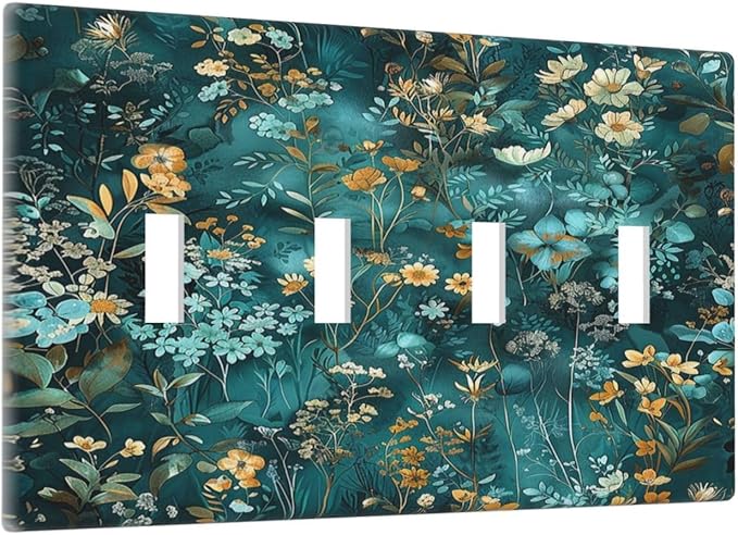 Light Switch Covers Green Leaf Floral Boho Golden Flower Plant Quad Toggle Electrical Faceplate 4 Gang Wall Plate Decorative Switch Plates For Bed Room Cabin Decor
