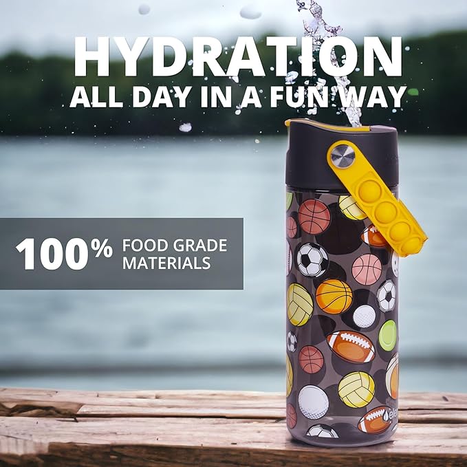Elemental Water Bottles for Kids - Splash Kids Water Bottle for School with Pop-it Handle - BPA Free Tritan Plastic Water Bottle with Straw Leak Proof when Spout is Closed - Sports Ball - 18oz