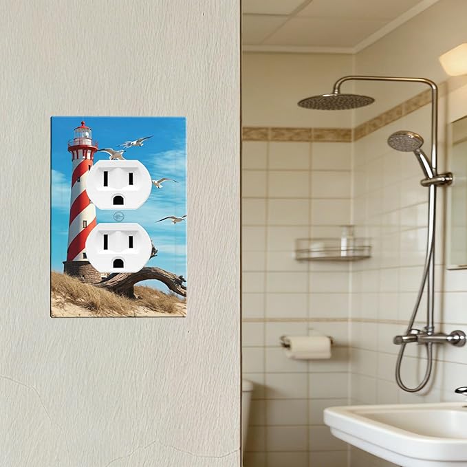 Lighthouse Coastal Scene Duplex Wall Plate - 1-Gang Standard US Size Nautical Coastal Beacon Outlet Covers for Living Room Bathroom Decor