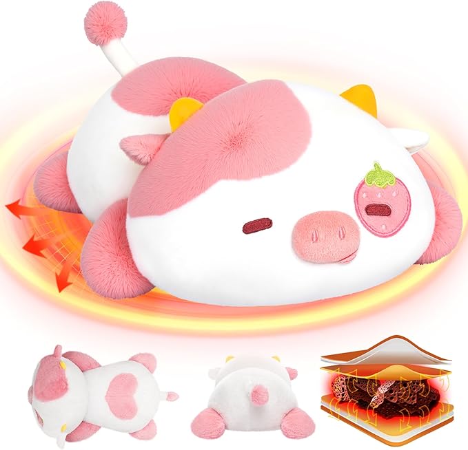 Strawberry Cow Plush Microwavable Stuffed Animals, Unscented 1.2 lbs Volcanic Rock Heatable Heating Pad 50-Minute Lasting Warmth Period Cramps Menstruation Stress Relief Gifts Girls Women