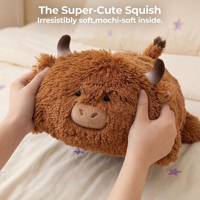 Mewaii Cute Highland Cow Plush Pillow, Kawaii Plushies Highland Cow Stuffed Animals, Squishy Plushies, Cuddle Plush Pillow for Kids & Girls (13 Inch)
