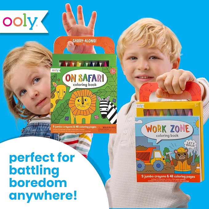 Ooly Travel Art Kit with 9 Jumbo Crayons & 48 Themed Coloring Pages & Case for Easy Traveling Art Creation, Perfect Airplane & Road Trip Activities for Kids - Safari