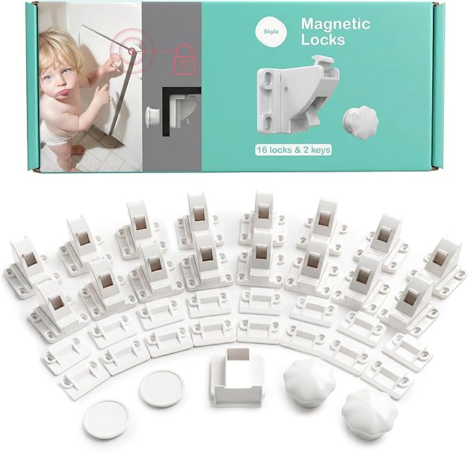 16 Pack Cabinet Locks Baby Proofing - SKYLA HOMES Children Proof Magnetic Cabinet Locks for Cupboard, Drawers, Adhesive Baby Proof Latches (16 Locks and 2 Keys)