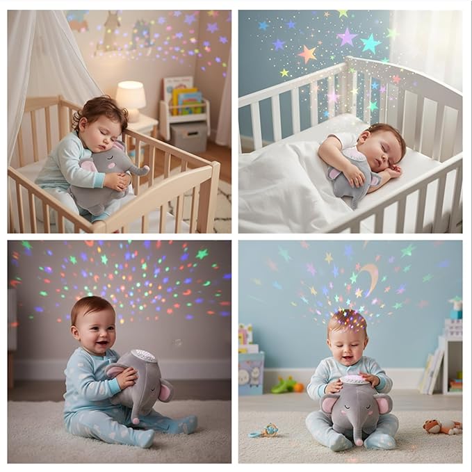 BEREST Baby Elephant Soother Toy with Starry Night Light Projector, Shushing Heartbeat Plush Stuffed Animal with Lullaby Music & White Noise for Newborn Sleep Aid, Perfect Infant Shower Gift