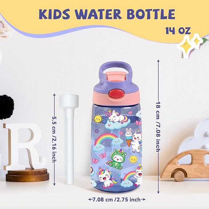 14oz Unicorn Kids Water Bottle with Straw - Rainbow Water Bottle For School, Leakproof, Lightweight, Durable Plastic Bottles for Kids Travel, Pop-Up Straw Cover, Gift Cup for Girls (Unicorn)