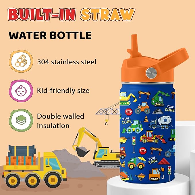 Construction Gifts for Men Women - 12oz Construction Truck Water Bottle with Straw Lid, Stainless Steel Insulated Bottle, Leak Proof, BPA-Free, School, Travel, Car Lovers Kids Birthday Gift Cup(1pc)