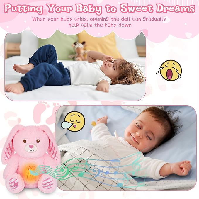 Breathing Stuffed Animal - 13" Pink Bunny Plush Baby Toy, Soothing Sound Machine with Music Lights & Breathing Motion for Kids Boys Girls