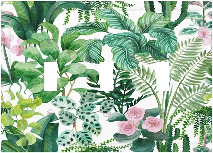Tropical Palm Leaves Green Jungle Botanical Floral Flowers Decorative Switch Plates 3 Gang Wall Plate Triple Toggle Light Switch Cover Faceplate Electrical Wall Panels for Bedroom Living Room Decor