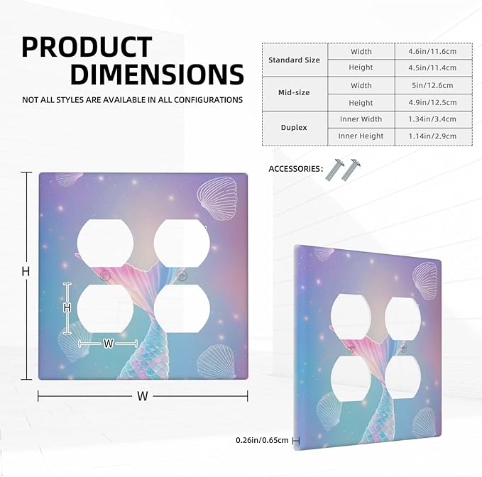 Cute Mermaid Pink Tail Scales Shells Colorful Ocean Outlet Covers 2 Gang Double Duplex Decorative Light Switch Covers Electrical Wallplates Socket Faceplate for Kids Room Nursery Decor