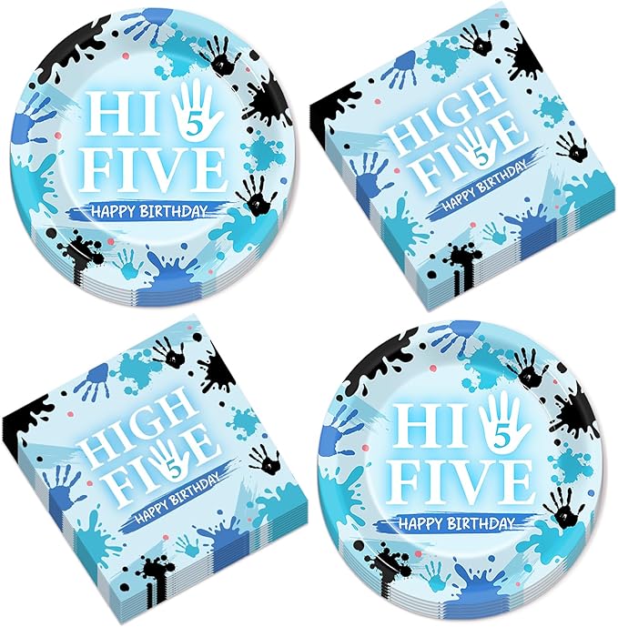 CHUNNIN 50Pcs Hi Five Birthday Plates and Napkins 5th Bday Party Decorations Blue High 5 Year Old Paper Dessert Cake Plates Tableware Set Serve 25 Guests for Kids Boys Girls Birthday Party Supplies