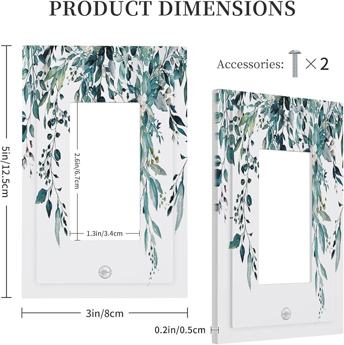Decorative Outlet Covers Green Eucalyptus Boho Olive Leaves Country Unique 1 Gang Single Decora GFCI Device Light Switch Covers Plate 1 Rocker Wall Plate Jumbo Switch Plate Cover
