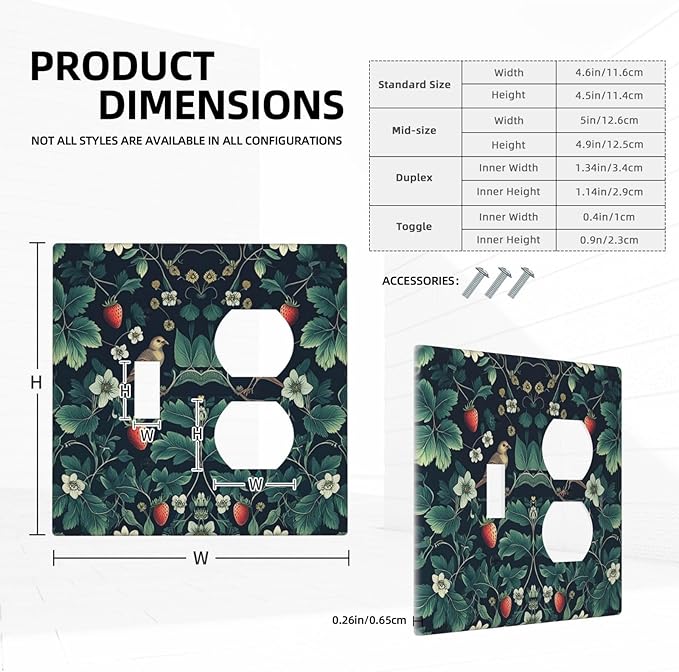 Wallplates Strawberry Birds Flowers Plant Morris Floral 1 Toggle 1 Duplex Switch Plate Electrical GFCI Faceplate Decorative Light Switch Covers for Bedroom Farmhouse Decor