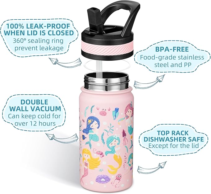Fanhaw 14 Oz Kids Insulated Water Bottle with Straw - Stainless Steel Double Wall Vacuum Cup, Leakproof, BPA Free, Suitable for Boys and Girls(Pink - Sweat Mermaids)