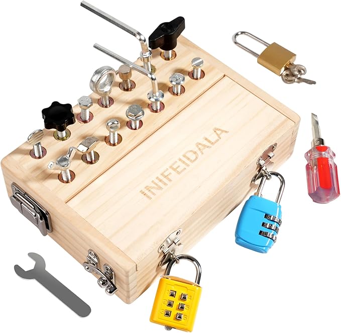 INIFEIDALA Montessori Busy Board - Wooden Sensory Activity Toy for 3-5 Year Olds with Locks, Keys & Screwdriver Tool Set | STEM Educational Gift for Fine Motor Skill Development